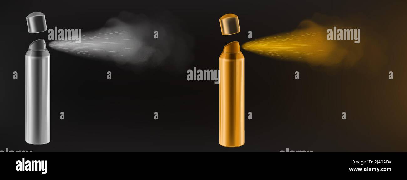 Sprühen, Sprühen von Sprühnebel aus der Aerosolflasche. Vektor realistische Illustration von 3D Silber und Gold Zerstäuber kann mit Wasserstrahl, Deodorant, Insektizid oder Haarspray isoliert auf schwarzem Hintergrund Stock Vektor
