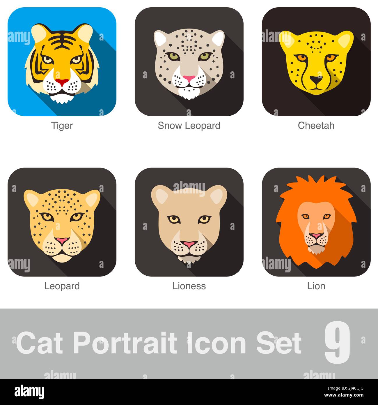 Große Katze Gesicht Tiger, Gepard, Löwe, Leopard Cartoon flache Symbol Stock Vektor