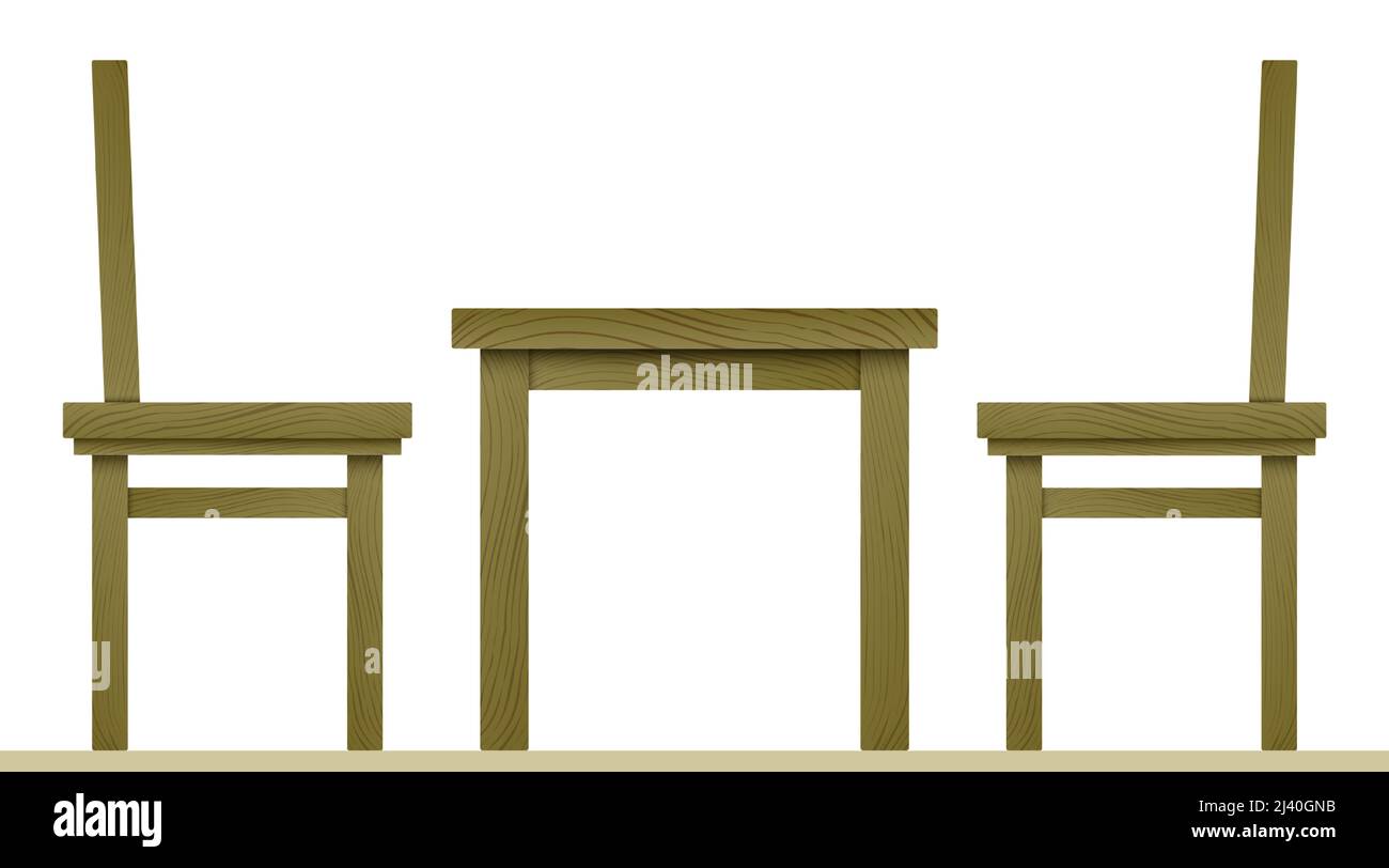Braune Holzstühle und Tisch-Vektor-Illustration im Landhausstil, isoliert auf weißem Hintergrund. Stock Vektor