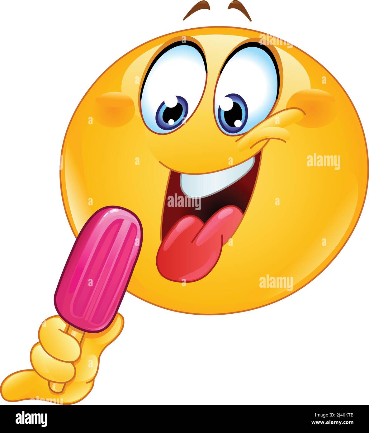 Fröhliches Emoji-Emoticon mit der Zunge raus, um sich bereit zu machen, einen Popsicle oder einen Eislolly-Pop zu essen Stock Vektor Fröhliches Emoji-Emoticon mit der Zunge raus, um sich bereit zu machen, einen Popsicle oder einen Eislolly-Pop zu essen Stock Vektor