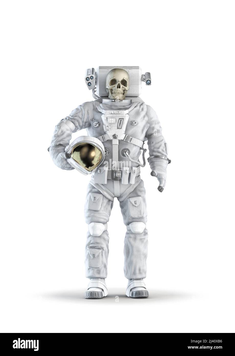 Dead Astronaut Concept - 3D Abbildung des Schädel konfrontiert Raumanzug tragen männliche Figur isoliert auf weißem Studio Hintergrund Stockfoto
