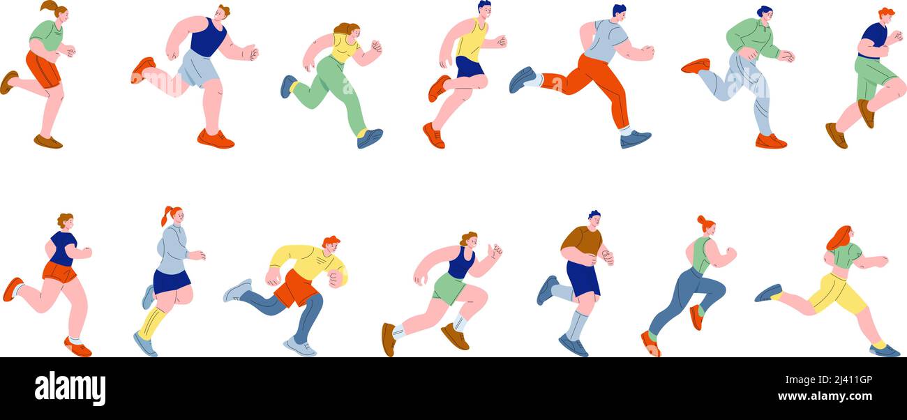 Läufer-Charaktere. Teen bewegt, Laufen Cartoon Athleten. Aktivitäten und Rush, junge flache Sportler laufen. Jogging Mann Frau in Sportswear kicky Vektor Stock Vektor