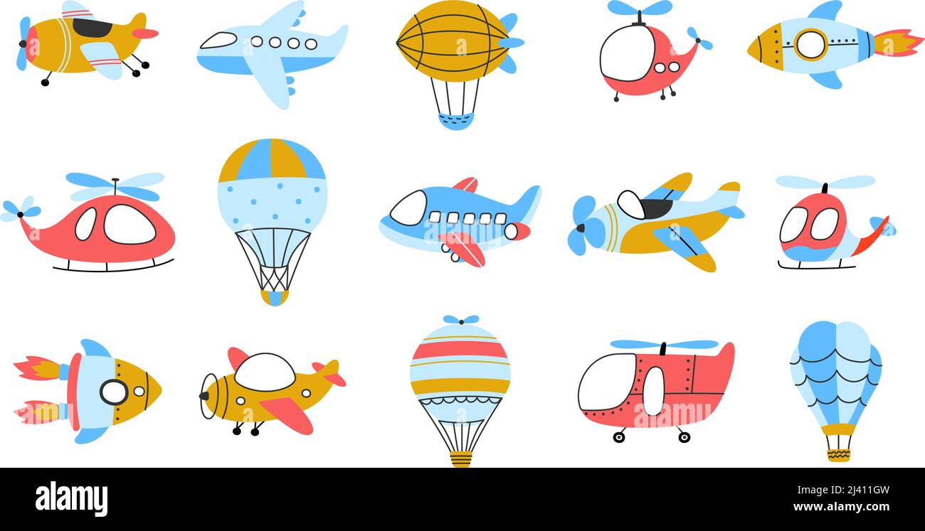 Kinderlufttransport. Heißluftballons, Flugzeug und Luftschiff. Isolierter Flugtransport, Kinderausflug oder Abenteuer im Flugzeug. Jetzt kindisch Stock Vektor