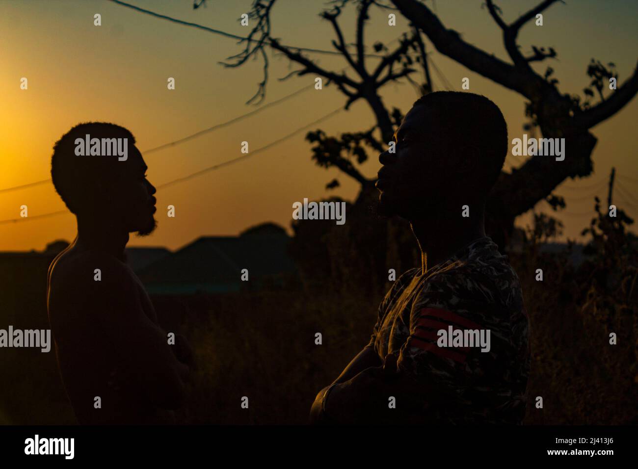 Sonnenuntergangsbilder von einer Person, die hinter einem Baum und einer Stromleitung steht, die von einem zum anderen übergeht, können Sie einige Häuser im Dorf sehen. Stockfoto