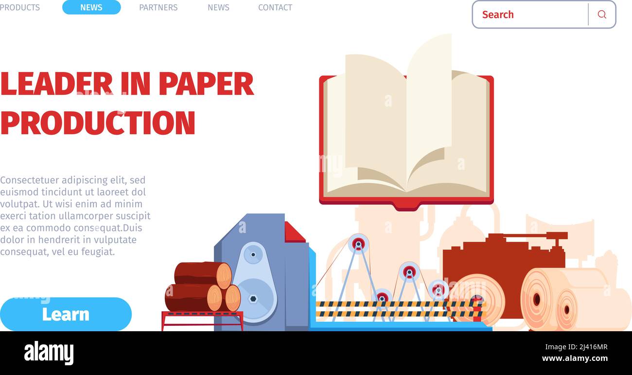 Die Papierproduktion landet. Chemische Prozesse oder Papierindustrie grellen Vektor-Web-Seite Vorlage mit Platz für persönlichen Text Stock Vektor