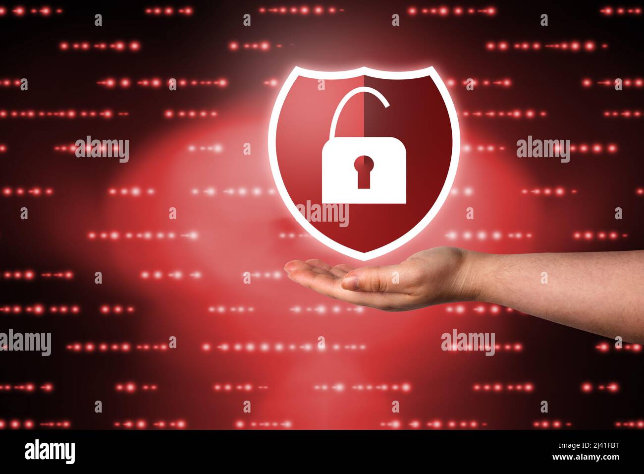 Frau Hand zeigt digitale Cyber-Angriff Konzept. Internet der Dinge. Cybersecurity-Konzept. Symbol mit entsperrter Symbolabschirmung. Schutz vor Gefahren. Stockfoto