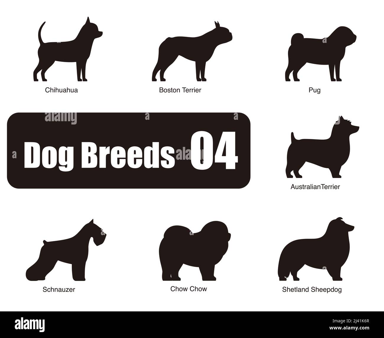 Hunderassen, stehen auf dem Boden, Seitenansicht, Silhouette, schwarz und weiß, Vektorgrafik, Hund Cartoon-Bilderserie Stock Vektor