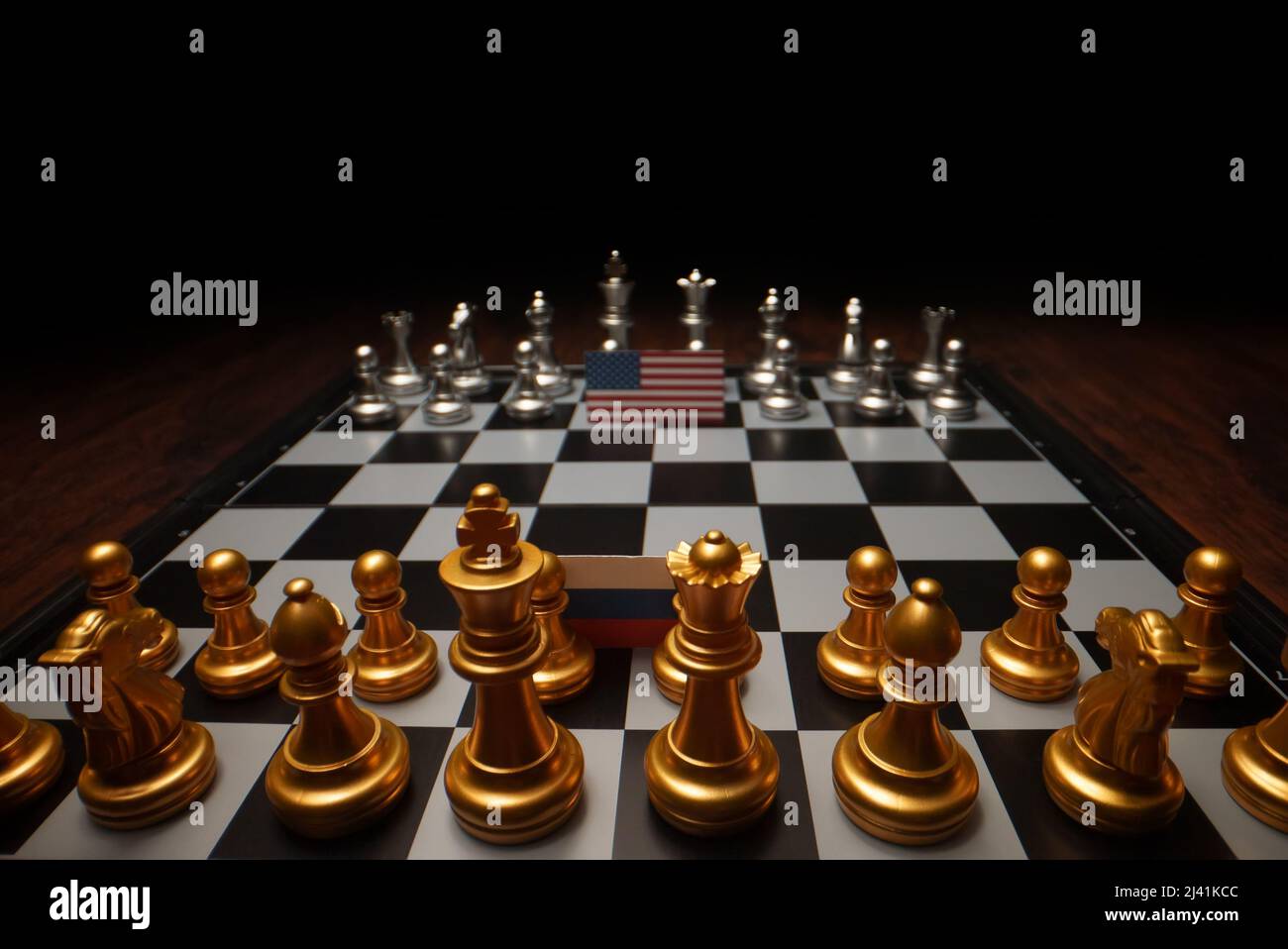 Schachbrett Spiel. Konzept des politischen Konflikts mit den USA. Stockfoto