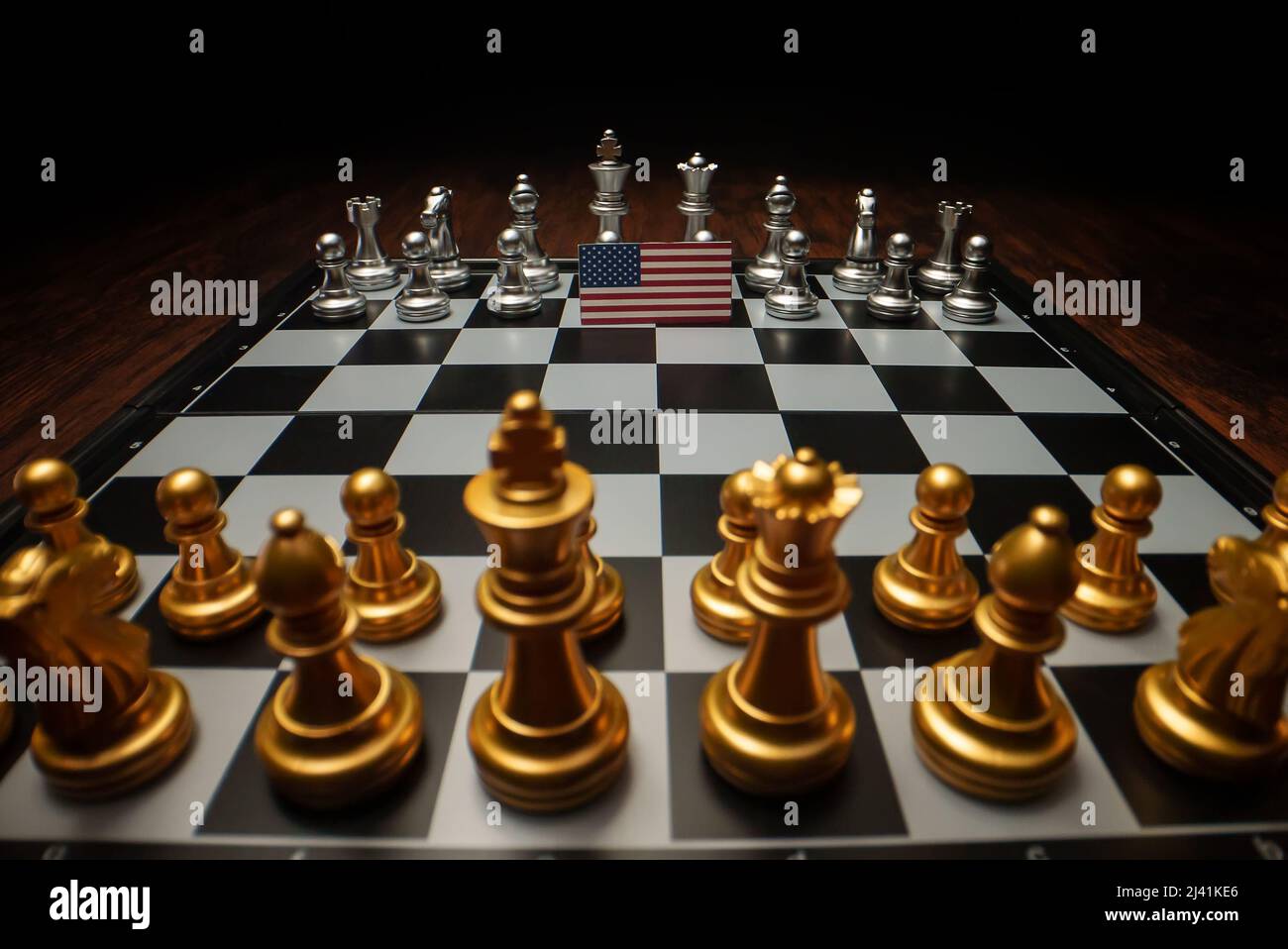 Schachbrett Spiel. Konzept des politischen Konflikts mit den USA. Stockfoto
