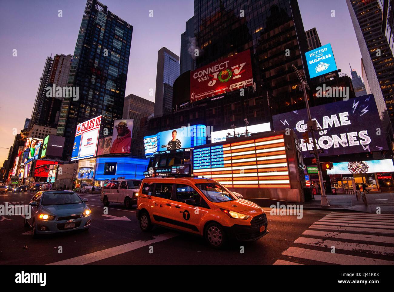 Sonnenaufgang am Times Square, Midtown Manhattan, New York USA Stockfoto