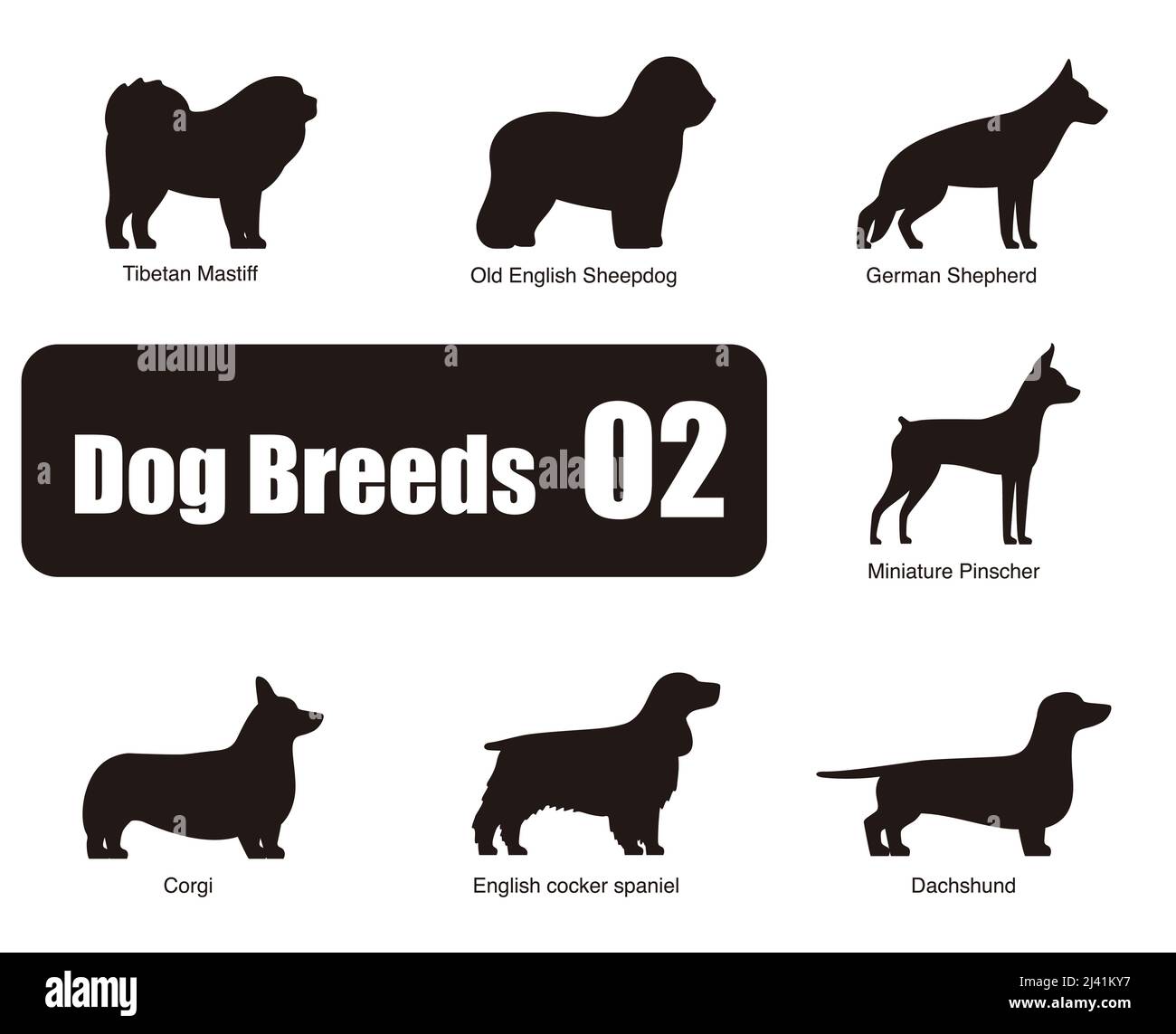 Hunderassen, stehen auf dem Boden, Seitenansicht, Silhouette, schwarz und weiß, Vektorgrafik, Hund Cartoon-Bilderserie Stock Vektor