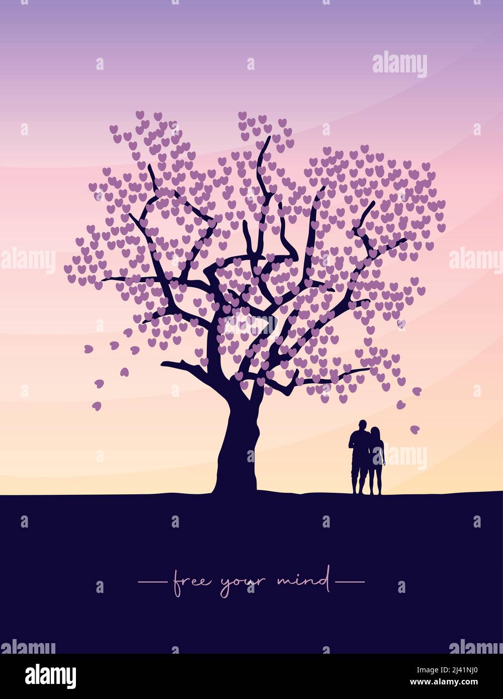 Das verliebte Paar steht bei Sonnenuntergang unter einem großen Baum Stock Vektor
