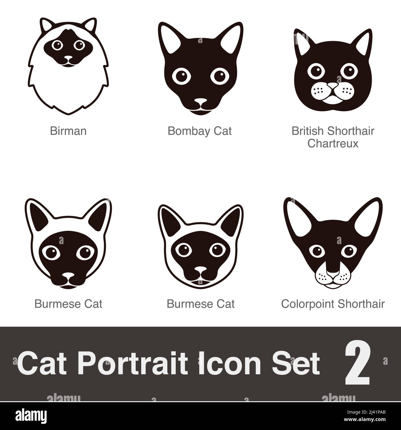 Katze Rasse Gesicht Cartoon flach schwarz Symbol-Serie, Vektor-Illustration Stock Vektor