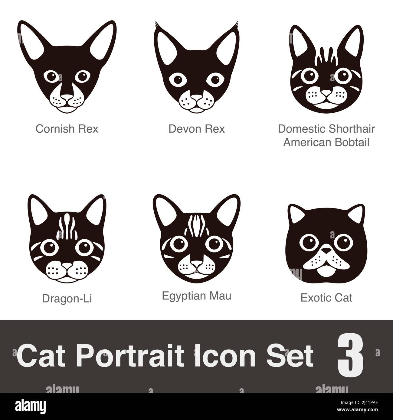 Katze Rasse Gesicht Cartoon flach schwarz Symbol-Serie, Vektor-Illustration Stock Vektor