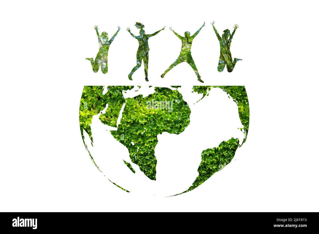Silhouette einer Gruppe von Menschen springen Konzept der Erhaltung der Erde und der Umwelt Stockfoto
