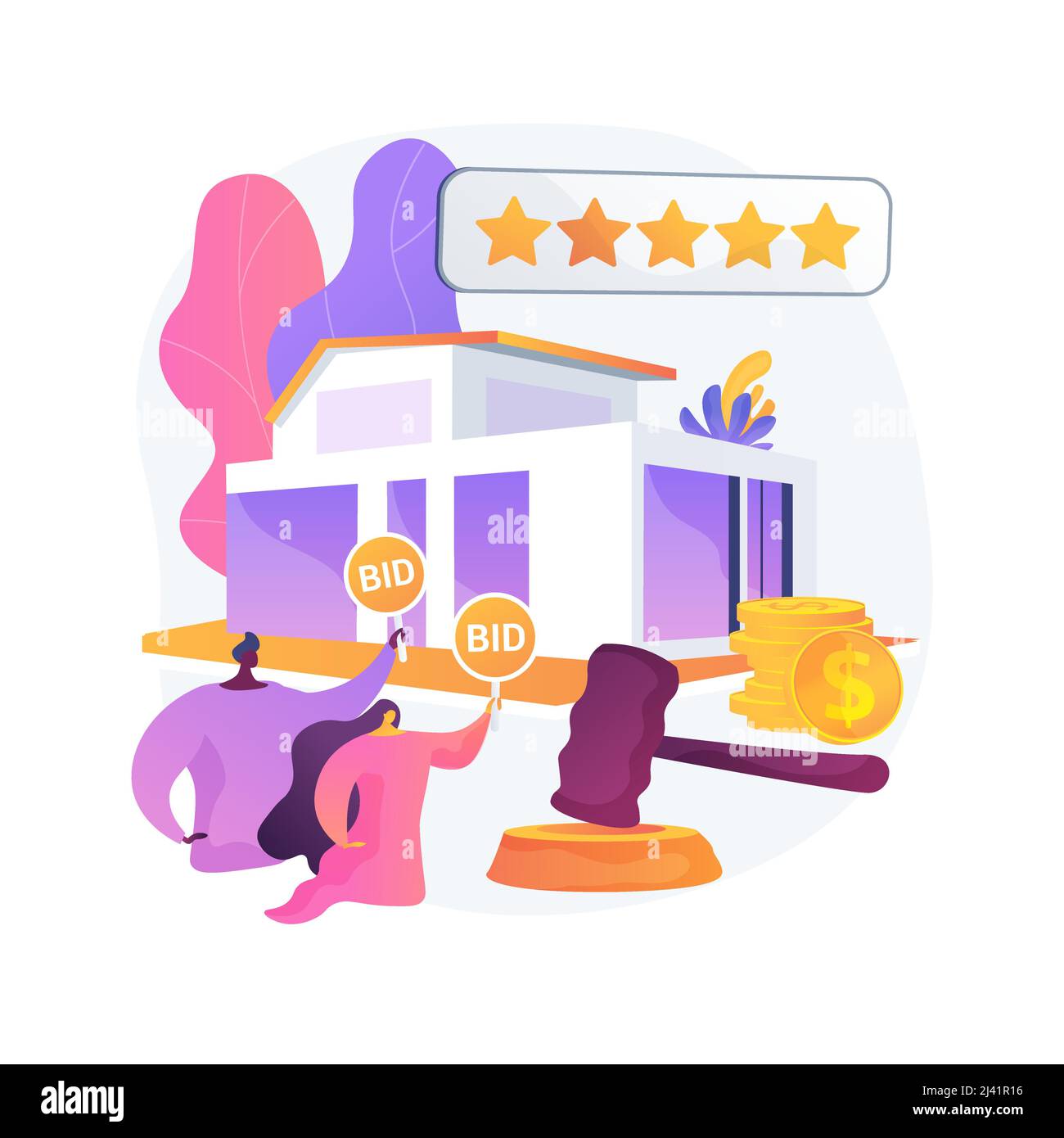 Auktionshaus abstraktes Konzept Vektor Illustration. Wohn- und Gewerbeimmobilien versteigern, kaufen, verkaufen Vermögenswerte online, exklusives Gebot, aufeinanderfolgende b Stock Vektor