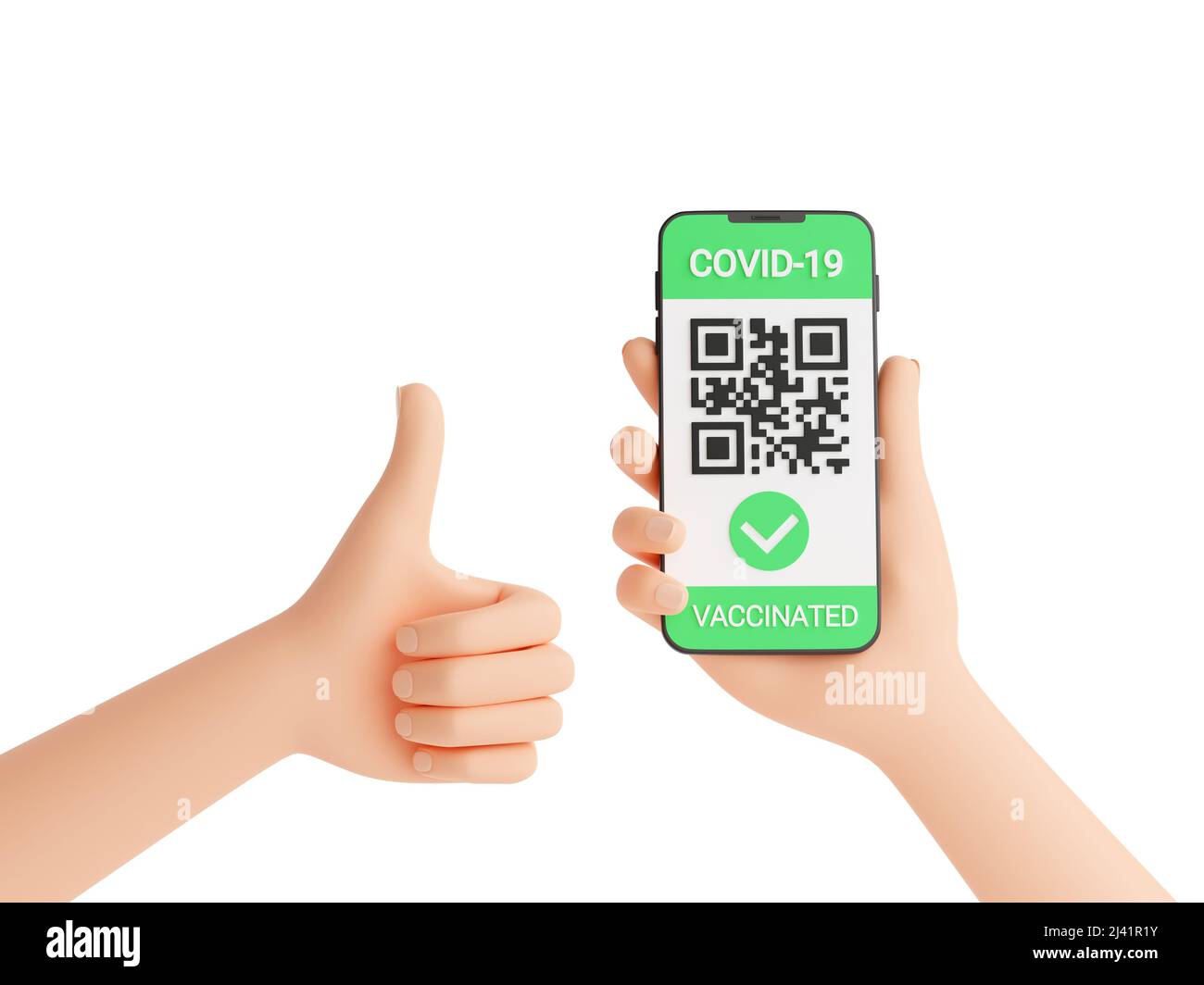 Grüner COVID Impfpass - qr-Code auf Handy-Bildschirm in menschlicher Hand und Daumen hoch Symbol 3D Rendern. Stockfoto