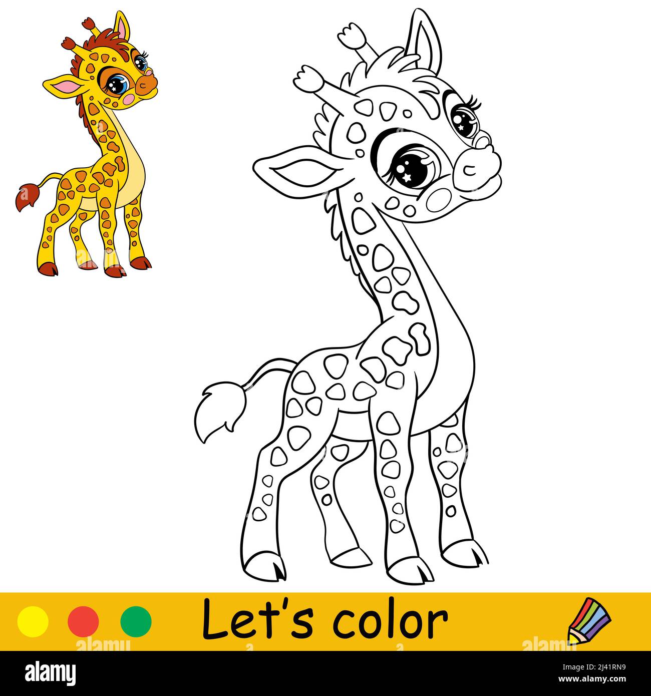 Cartoon niedlich glücklich Giraffe. Malbuch Seite mit bunten Vorlage für Kinder. Vektor-isolierte Illustration. Zum Ausmalen Buch, drucken, Spiel, Party, d Stock Vektor