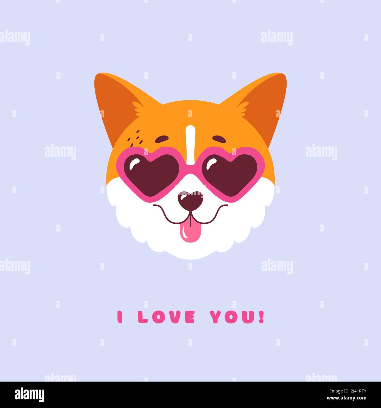 Süßes Corgi-Gesicht mit herzförmiger Sonnenbrille und I Love You Zitat. Stilvoller Vektordruck isoliert auf klarem Hintergrund. Lustige Hundedarstellung. Stock Vektor