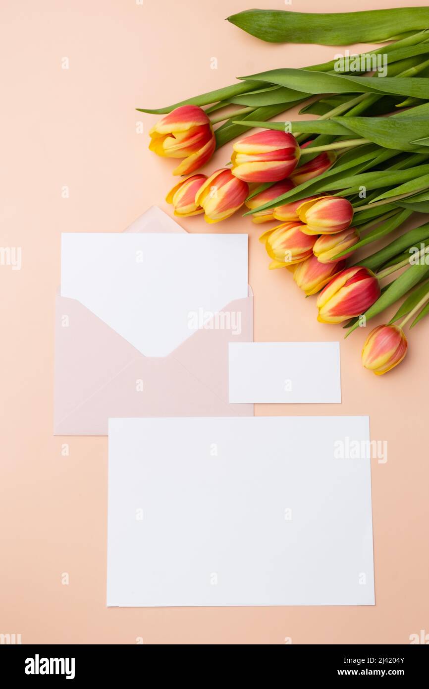 Blank sauber minimal Visitenkarte Mockup und elegante Grußkarte mit Bouquet von Tulpen Stockfoto