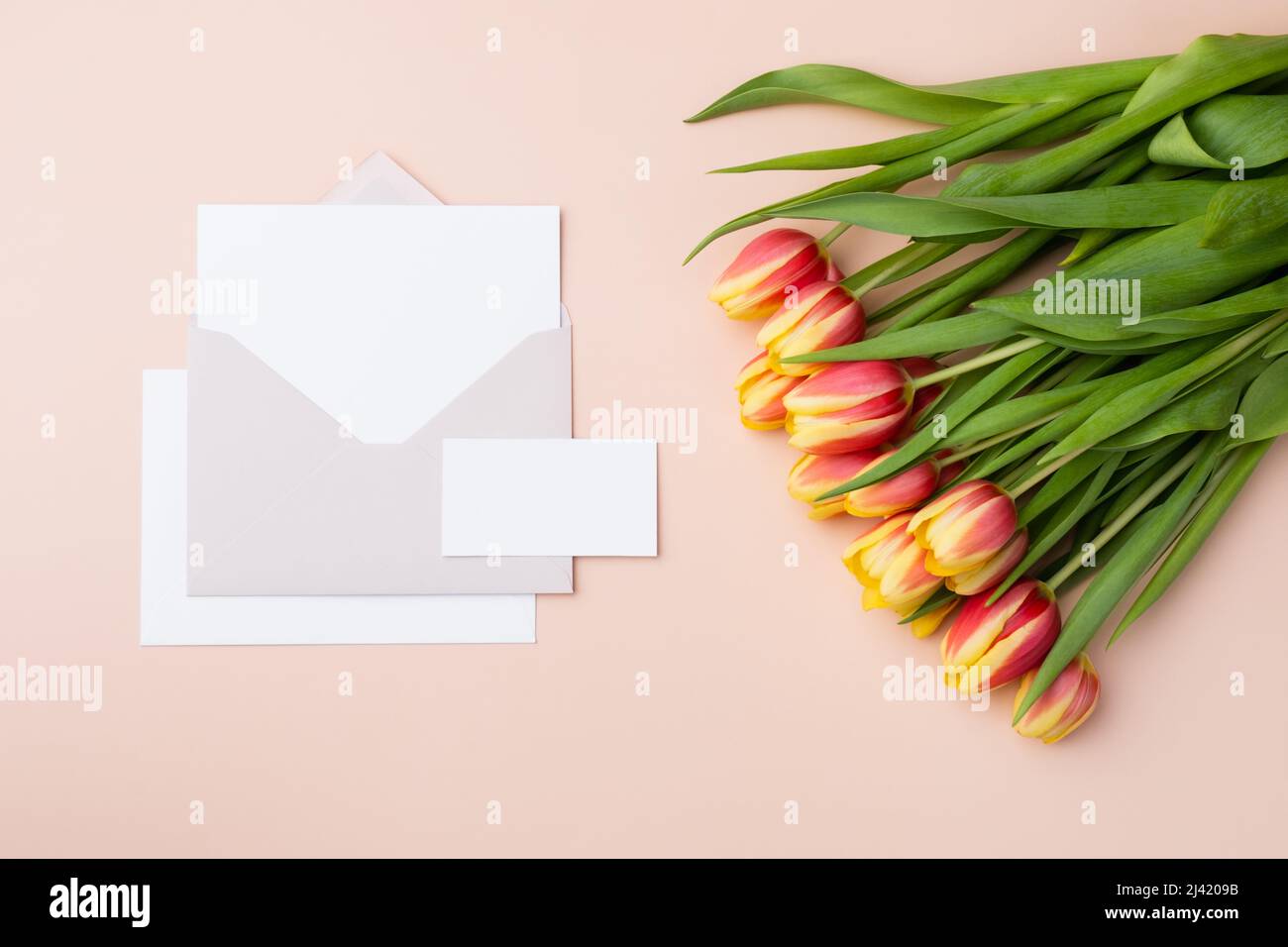 Blank sauber minimal Visitenkarte Mockup und elegante Grußkarte mit Bouquet von Tulpen Stockfoto