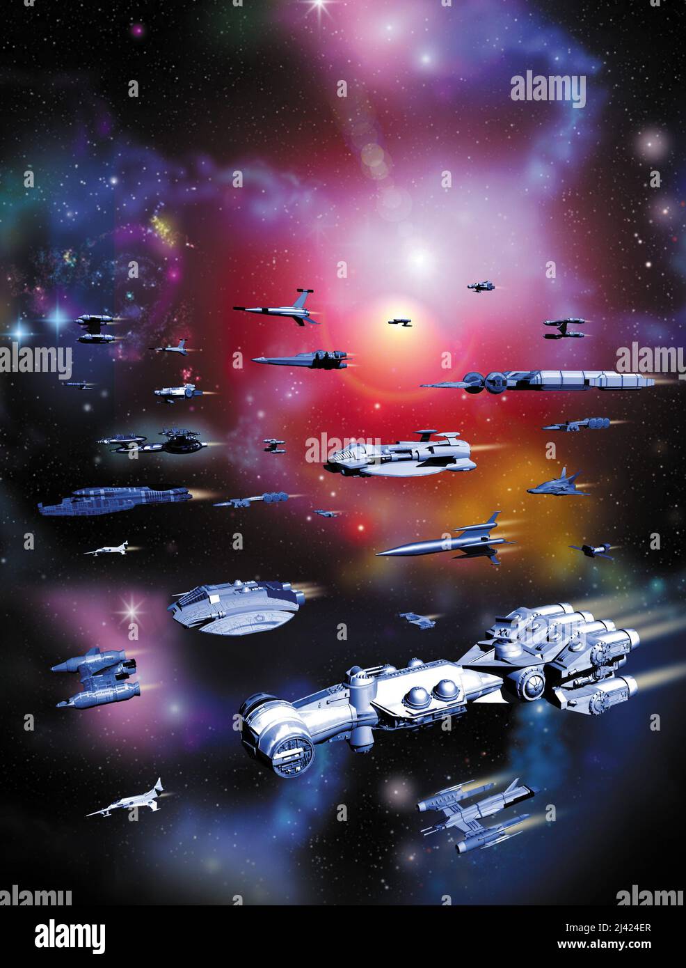 Weltraumabenteuer, Raumschiffe Flotte im Nebel, abbildung 3D Stockfoto
