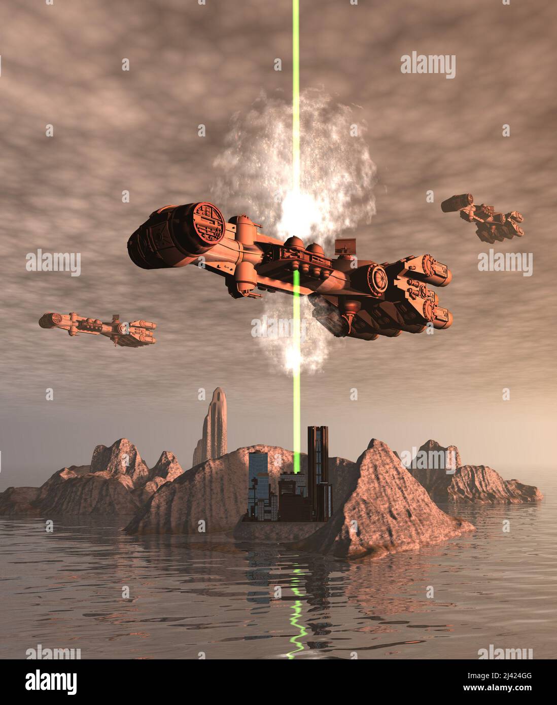 Schlacht um die Raumbasis auf der Insel, Raumschiff unter Beschuss, Plasmaexplosion, 3D Rendering Stockfoto
