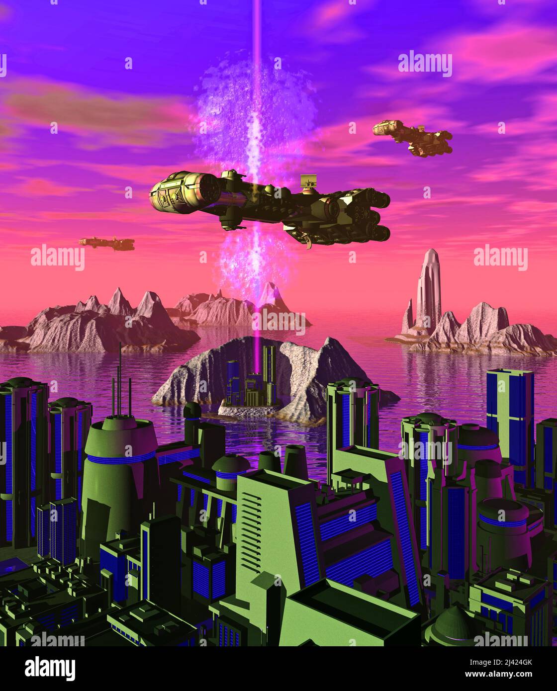 Schlacht um die Stadt auf der Insel, Raumschiff unter Beschuss, Plasmaexplosion, 3D Rendering Stockfoto