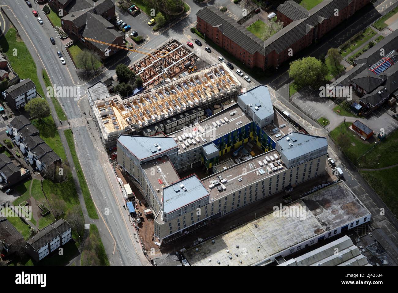 Luftaufnahme der im Bau befindlichen Studentenunterkunft von Printworks im Stadtzentrum von Preston, Lancashire Stockfoto