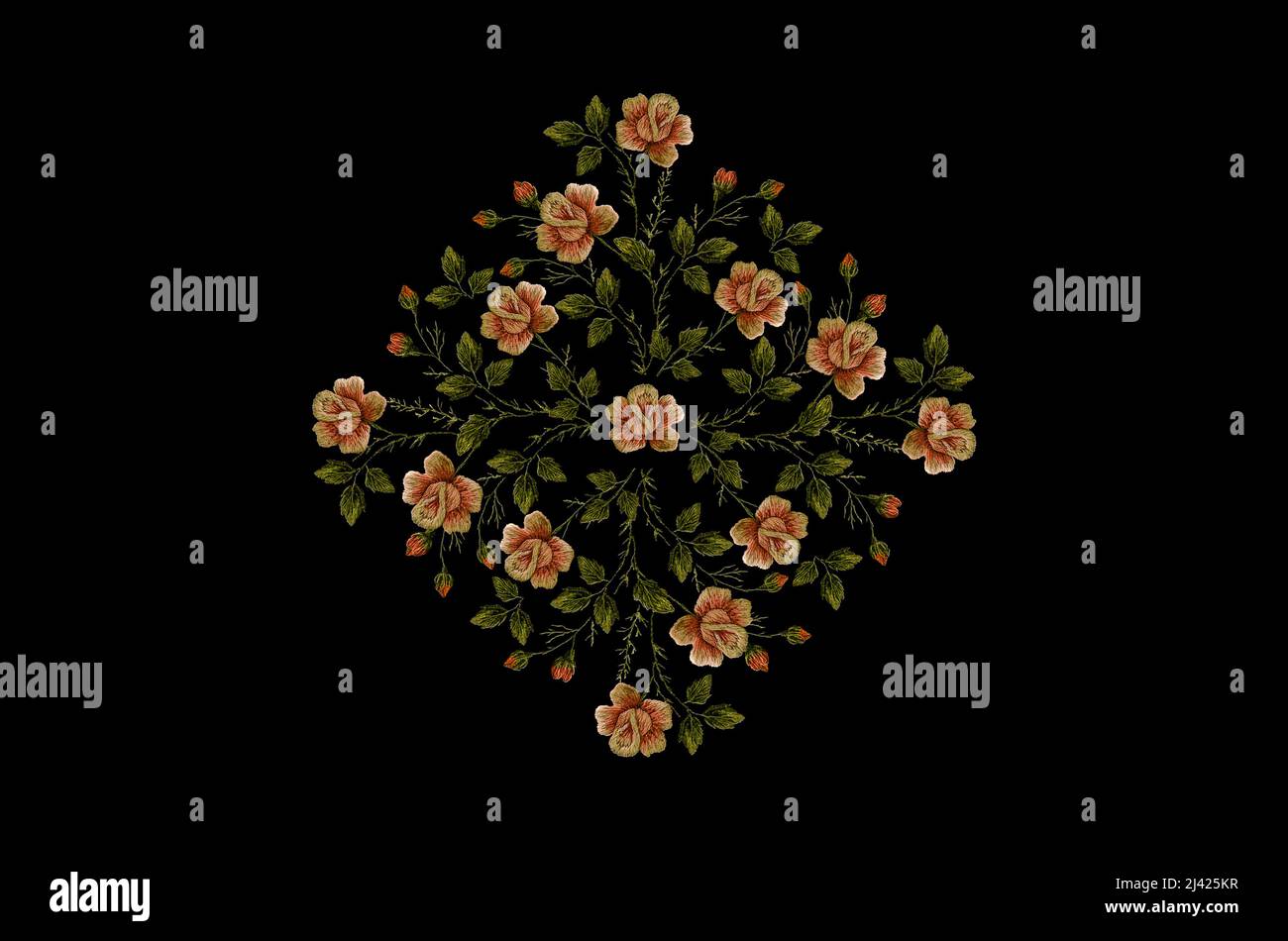 3D Rautenmuster zum Sticken von Ästen mit zarten rosa Rosen mit Knospen und grünen Blättern auf schwarzem Grund Stockfoto