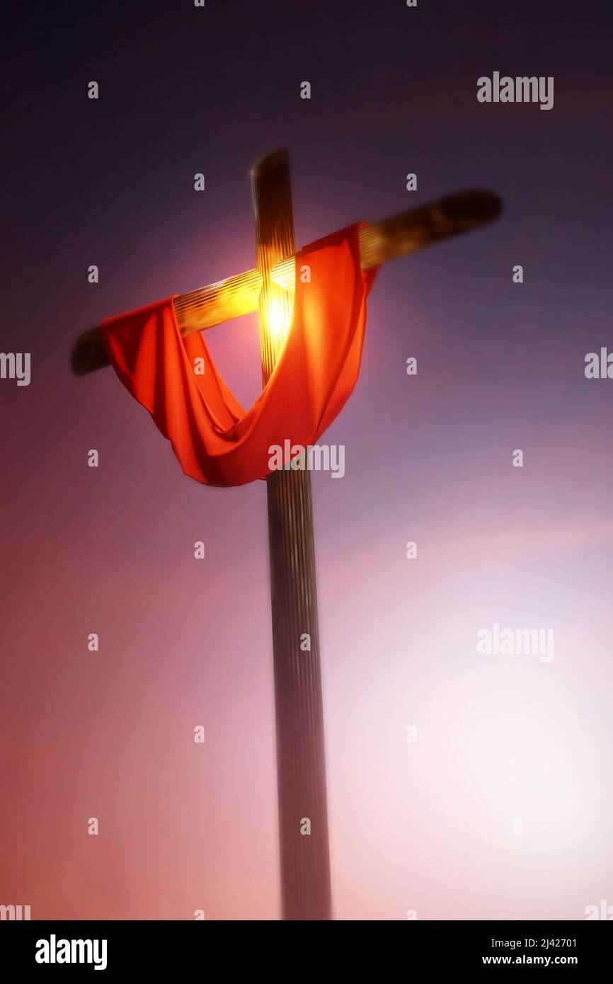 Religiöses Kreuz im Hintergrund des Himmels. Ostersonntag. 3D Darstellung rendern. Stockfoto