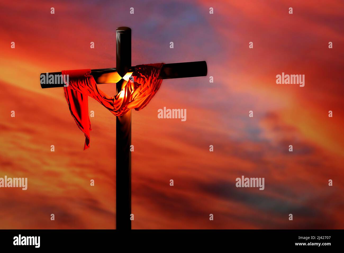 Religiöses Kreuz im Hintergrund des Himmels. Ostersonntag. 3D Darstellung rendern. Stockfoto