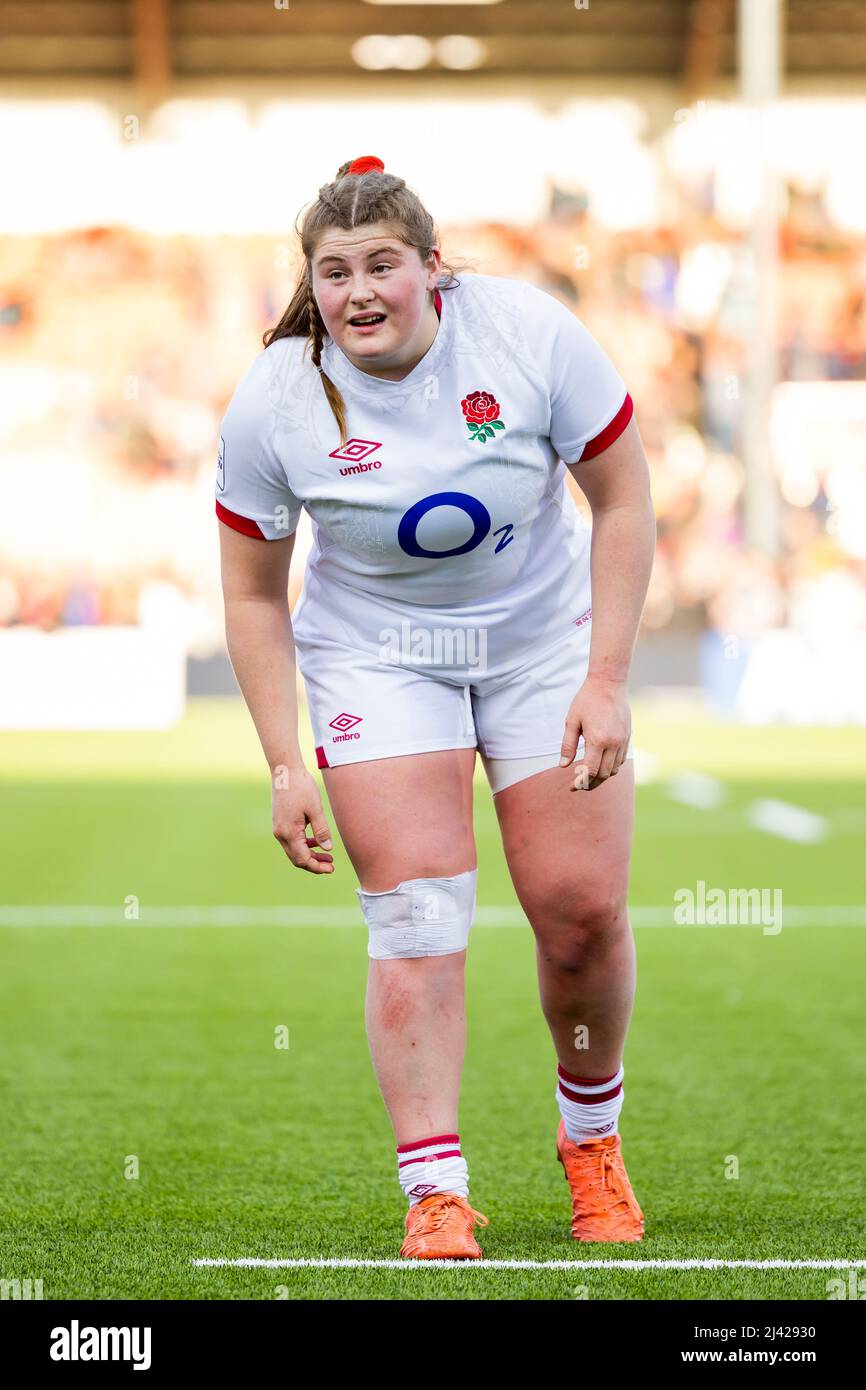 Die Engländerinnen Maud Muir beim TikTok Women's Six Nations-Spiel im Kingsholm Stadium, Gloucester. Bilddatum: Samstag, 9. April 2022. Stockfoto