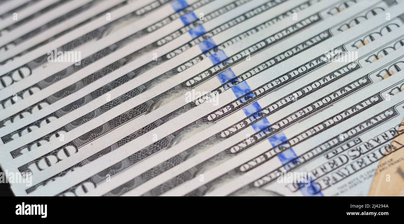 Hundert Dollar-Scheine, Banknoten aus den Vereinigten Staaten Hintergrund. Geld, amerikanischer Dollar Hintergrund. Stockfoto
