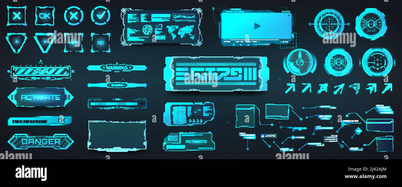 Digitales HUD-Box-Set für futuristische UI-, UX-, GUI-Projekte Stock Vektor