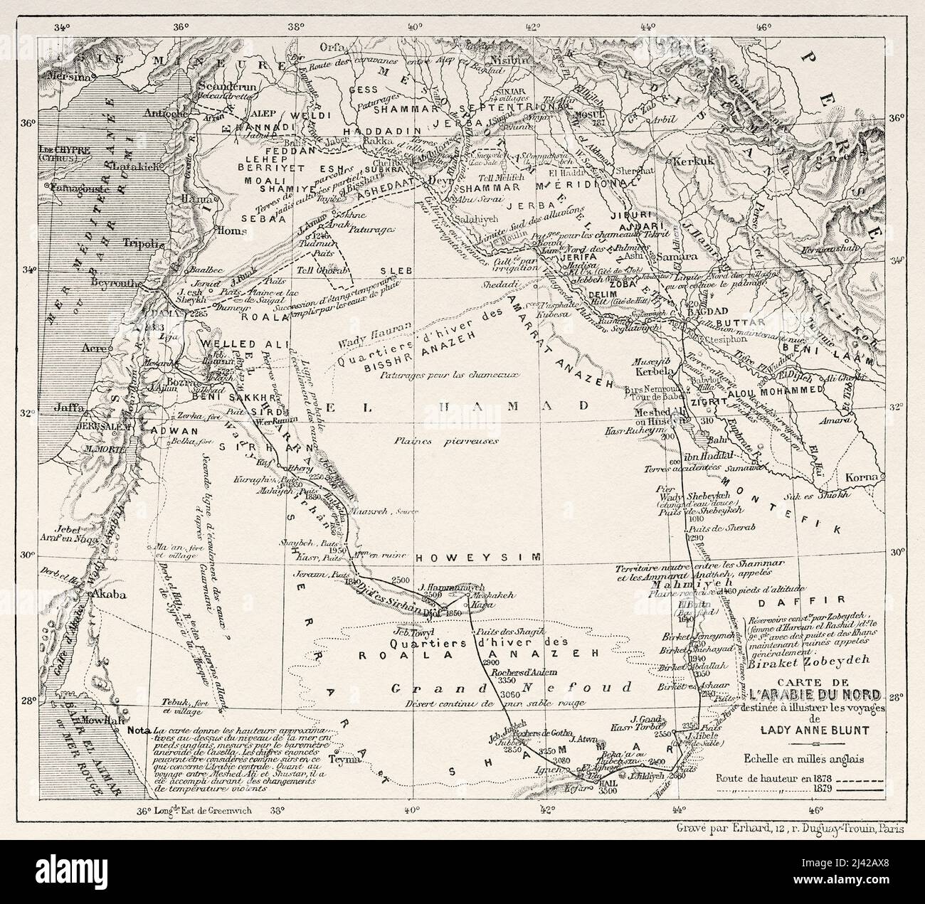 Karte von Nord-Arabien von der Pilgerfahrt nach Nedjed, Wiege der arabischen Rasse von Lady Anna Blunt 1878-1879, Le Tour du Monde 1882 Stockfoto