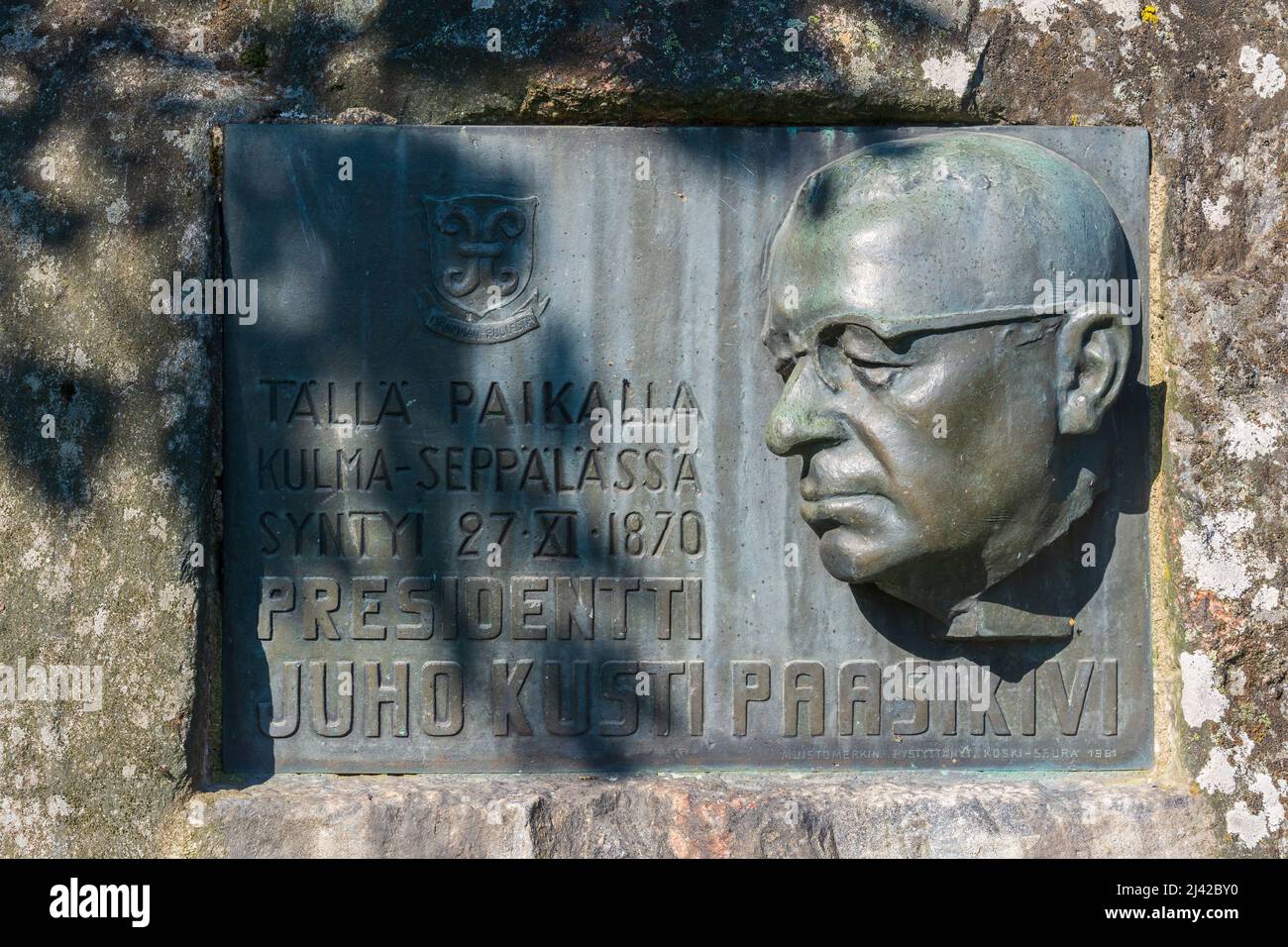 Gedenkstatue des ehemaligen Präsidenten von Finlanf J. K. Paasikivi an seinem Geburtsort im Dorf Huljala in Hämeenkoski Hollola Finnland Stockfoto