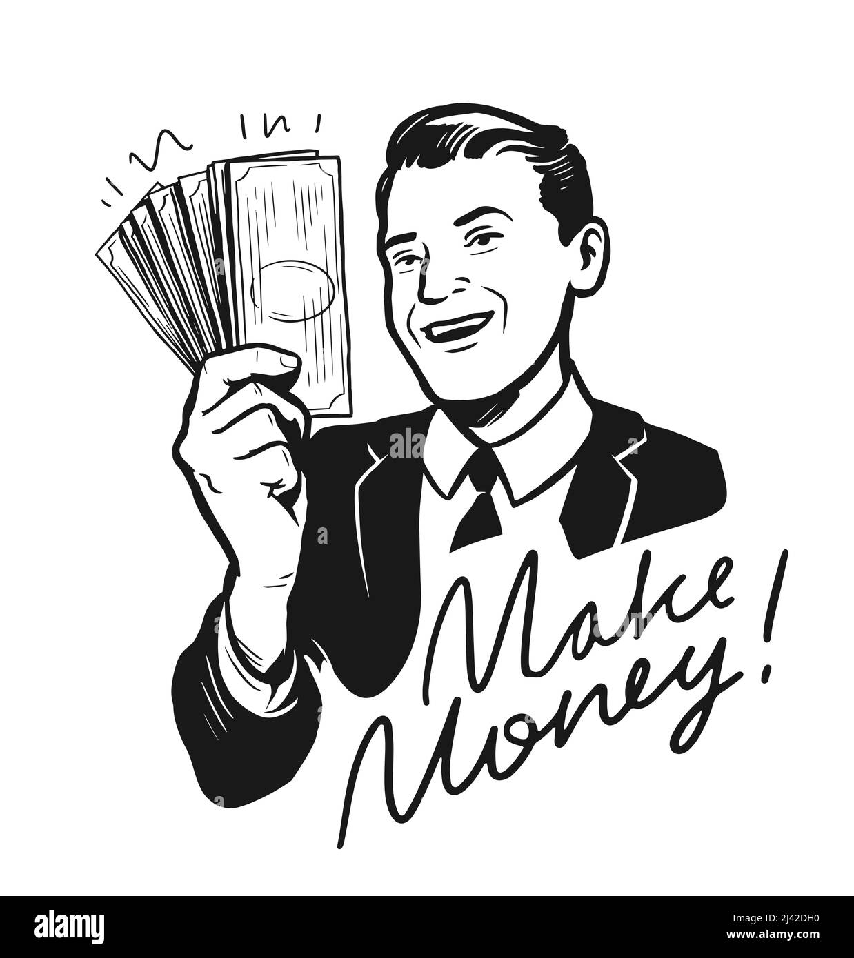 Geschäftsmann mit Bargeld im Retro-Comic-Stil. Finanzielle Erfolg oder Geld verdienen Konzept Stock Vektor