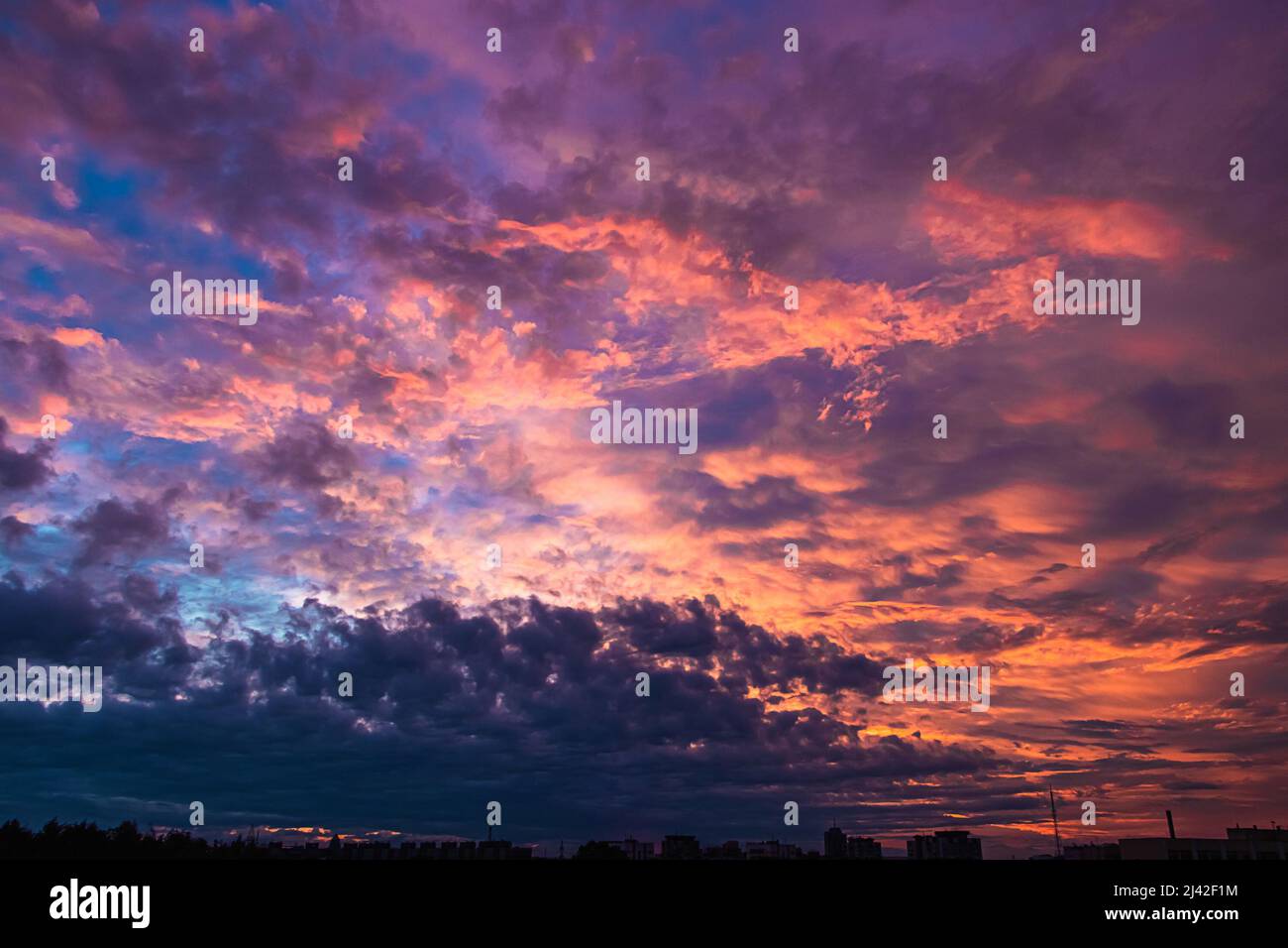 Violetter Sonnenuntergang. Schöne Wolken in rosafarbenen Strahlen. Natürlicher Hintergrund, dramatischer Himmel. Stockfoto
