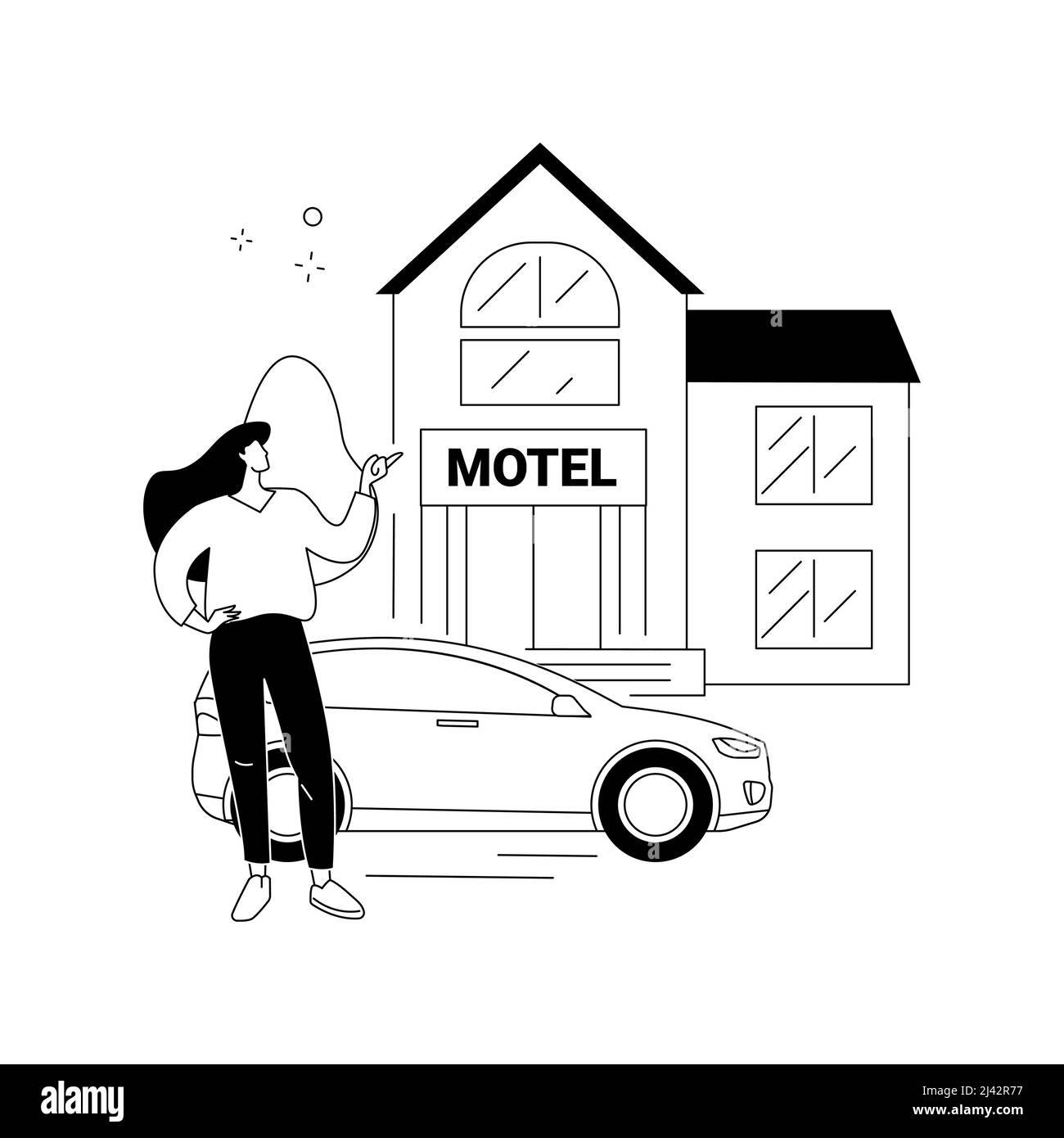 Abbildung des abstrakten Konzepts für den Motel-Service. Highway Motel, Frühstücksservice, Zimmer zu vermieten, Unterkunft, begehbare Hotel, Driver Inn Stock Vektor