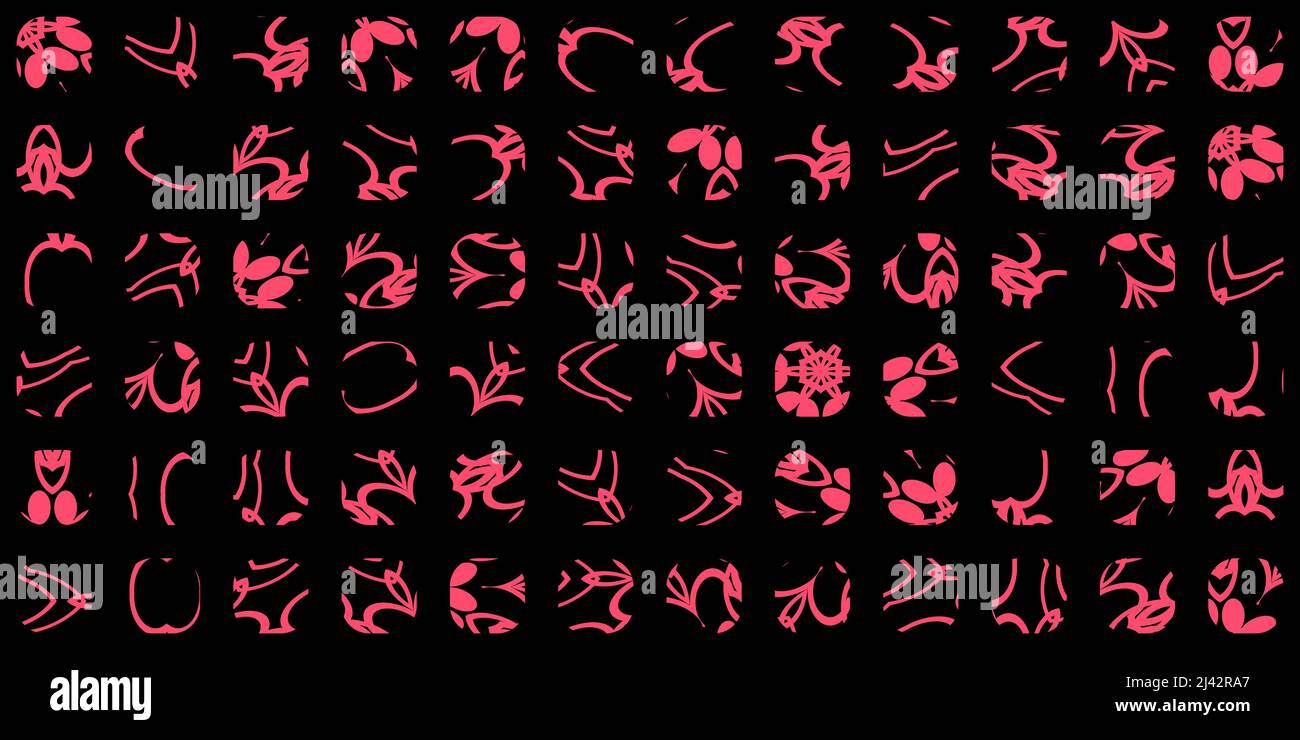 Computergenerierte Alien Hieroglyphen-Symbole auf schwarzem Hintergrund isoliert, digitales Alien-Alphabet, weiche abgerundete kurvige Formen. Rosa Aliens Zivilisation Stockfoto
