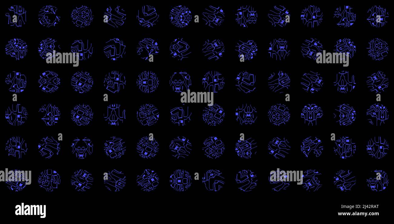 Computergenerierte Alien Hieroglyphen-Symbole auf schwarzem Hintergrund isoliert, digitales Alien-Alphabet, weiche abgerundete kurvige Formen. Blue Aliens Zivilisation Stockfoto