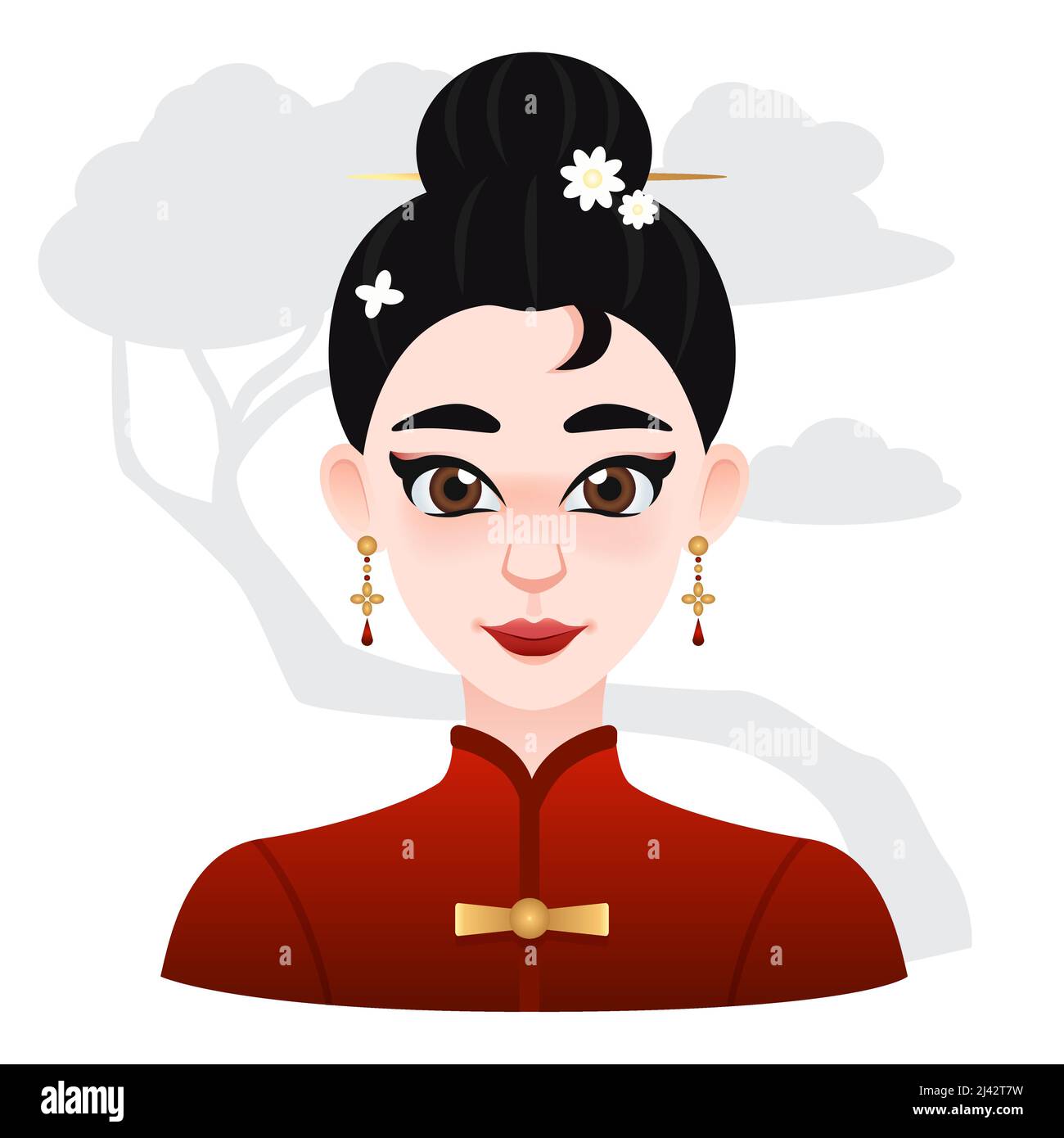 Cartoon asiatische schöne Frau. Schwarze Haare mit Blumen Clip auf der Oberseite. Orientalische Illustration für Web, Spiel oder Werbung Stock Vektor