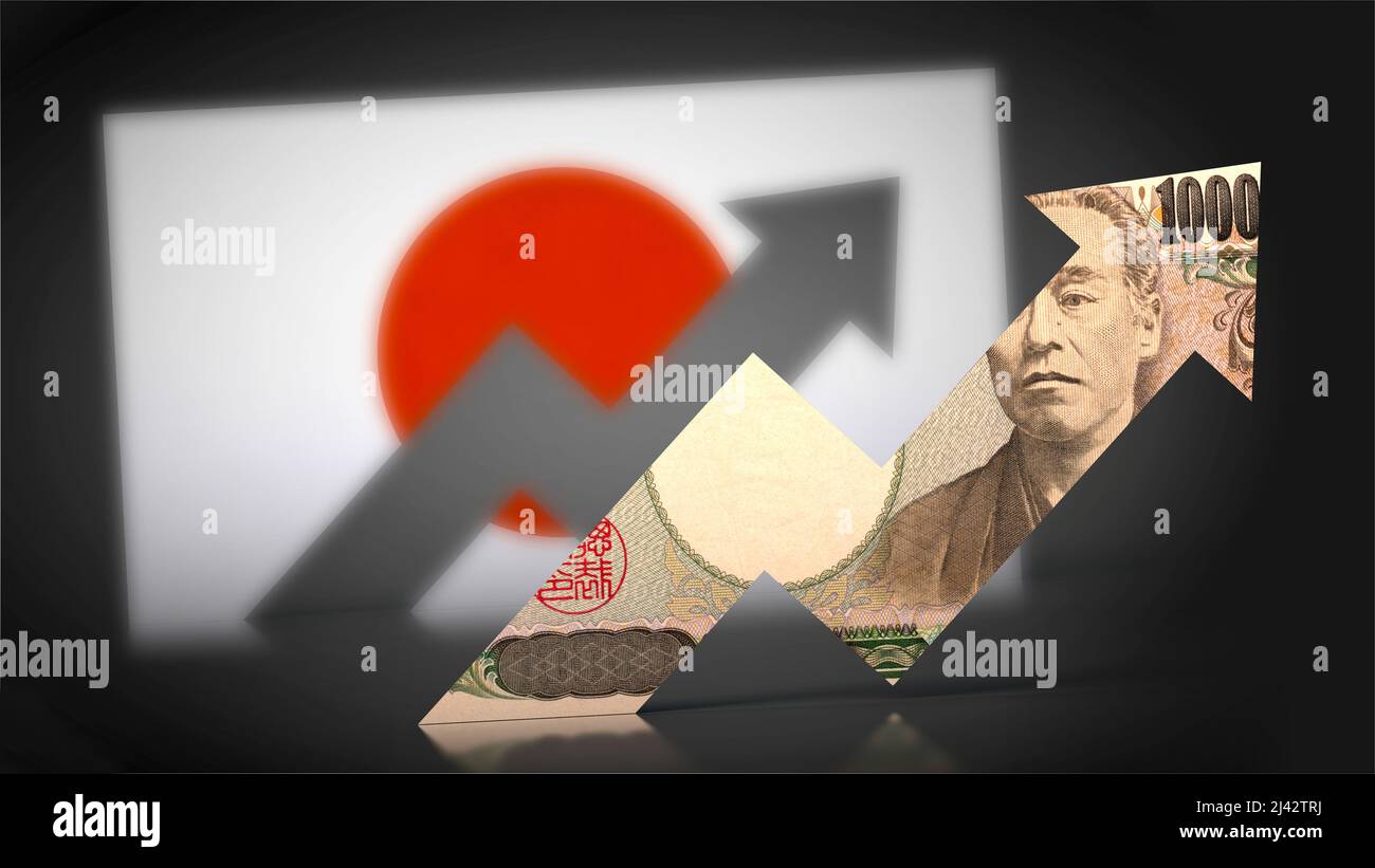 Inflation – Diagramm der Yen-Banknote vor dem Anstieg der japanischen Flagge Stockfoto