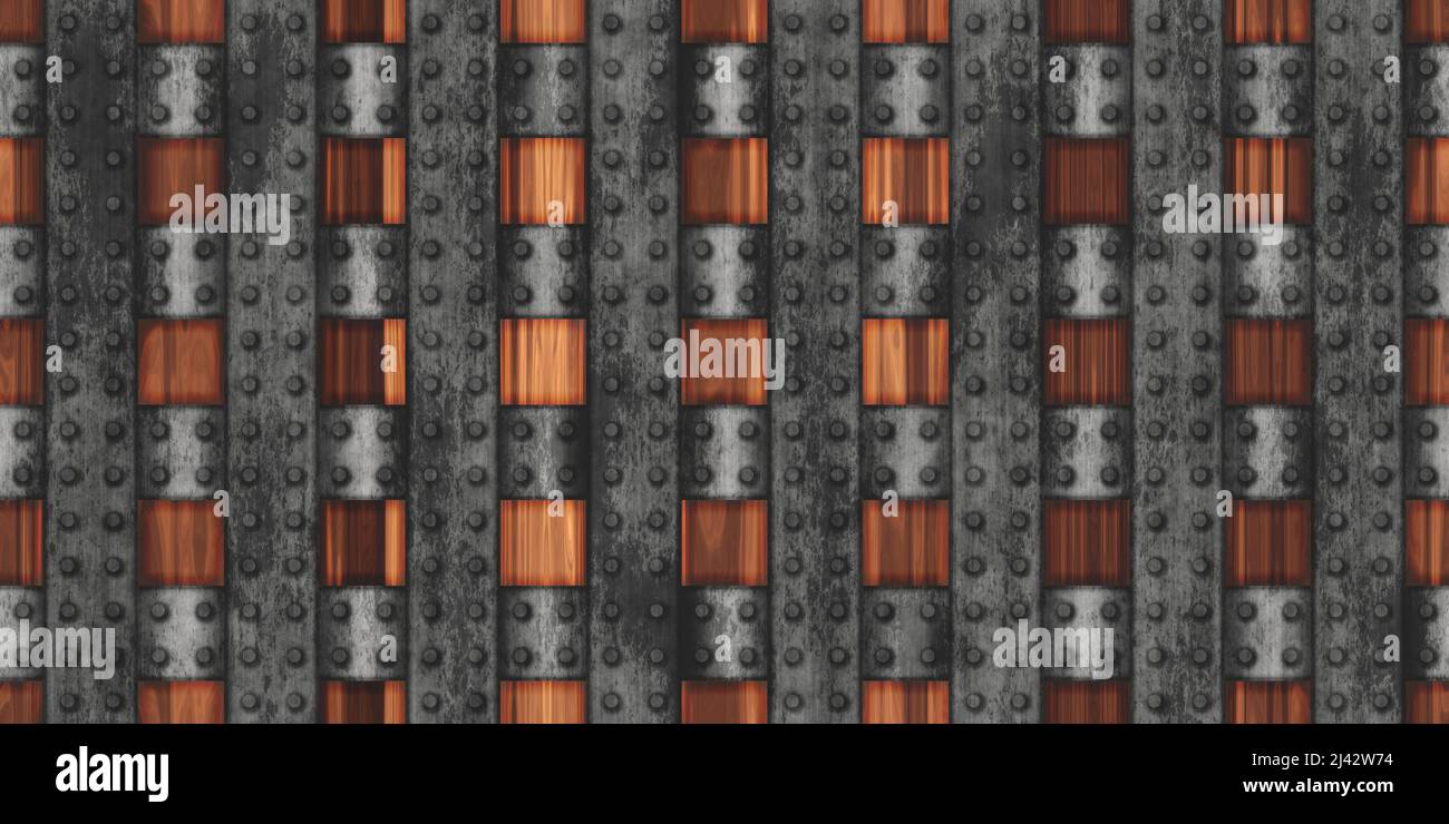 Dead man's Chest - Metall gebänderte Holzkiste für alle Ihre Piraten Beute. 3D erzeugt nahtlose Textur, High-Definition-Muster Stockfoto