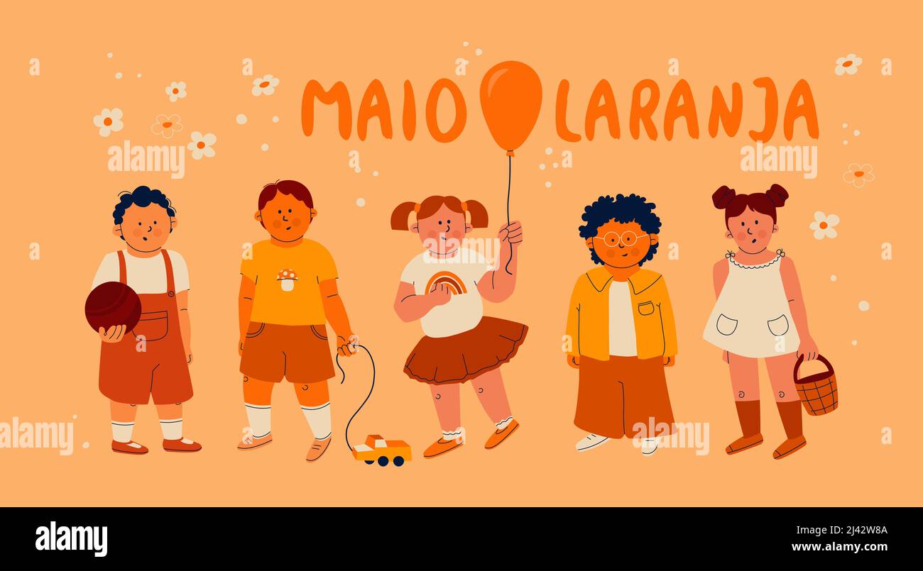 Banner zum Tag des Schutzes von Kindern und Jugendlichen vor Gewalt und Missbrauch in Brasilien, Portugal. Maio Laranja, Übersetzung - orange Mai Stock Vektor
