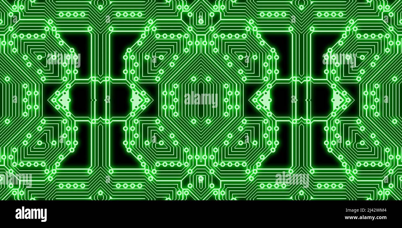 Glühende Schaltungen für Ihre Sci-Fi-Projekte, Cyber-Schaltungen, Cyberpunk, nahtlose High-Definition-Muster. Realistische Leiterplatten für Science-Fiction-Filme Stockfoto
