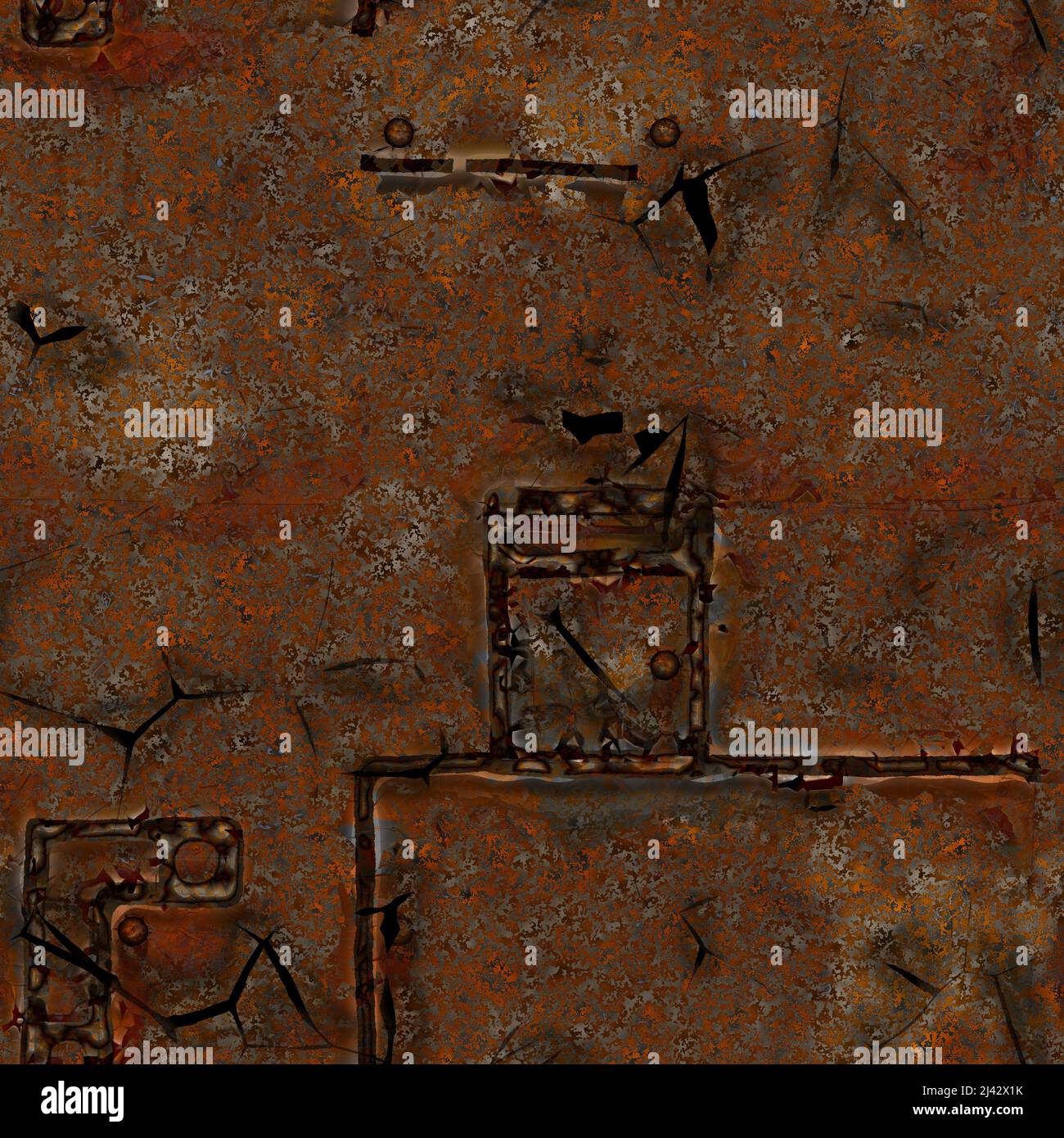 Rostig geschweißte Metallplatten mit alternativem Plattenlayout, verwelkt geschweißtes Metall. 3D erzeugt nahtlose Textur, High-Definition-Muster. Teilweise geröstet Stockfoto