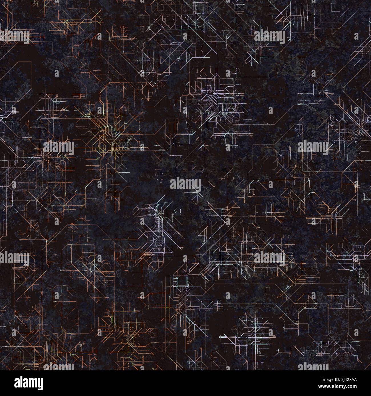 Rostige Cyber-Metallplatte mit alternativem Paneellayout, veraltetes Metall. 3D erzeugt nahtlose Textur, High-Definition-Muster. Dunkelblaues Metall, ro Stockfoto