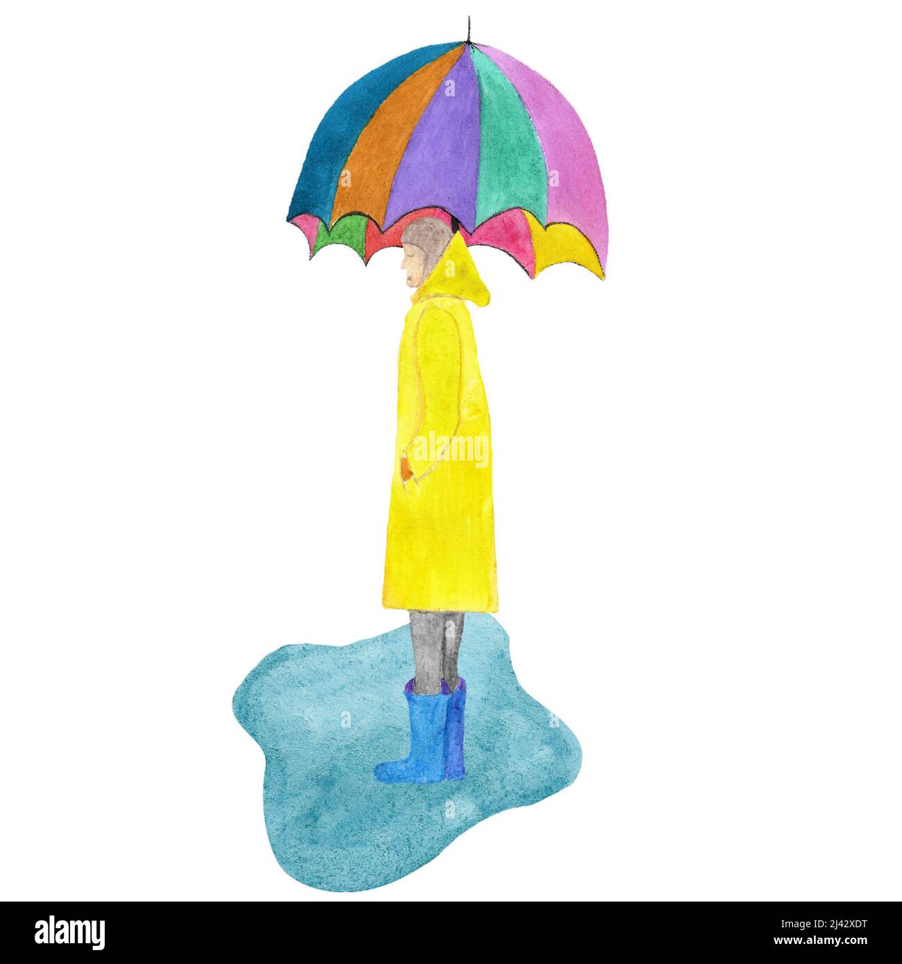 Junges Mädchen in Regenmantel unter bunten Regenschirm von Aquarell Stockfoto